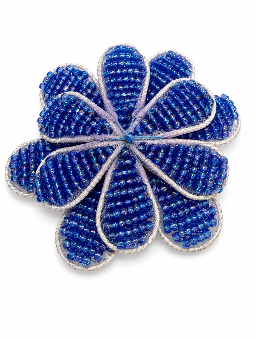 Blue Beaded Flower Brooch, Iridescent Seed Bead Floral Pin, Dimensional Textile